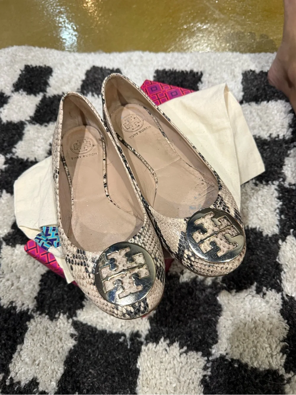Tory Burch Neutral Snake-Print Reva Flats with Gold Medallion